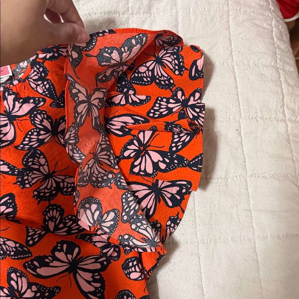 Kate Spade butterfly top with ruffle sleeves. Pink, blue and orange. Small NWT. - Picture 5 of 6